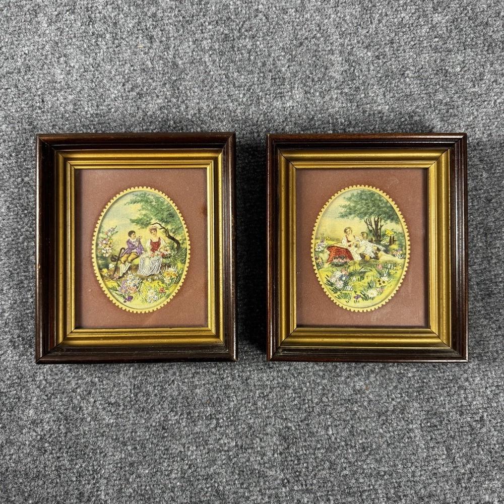 Vintage Hiawatha Heirloom Needle Painting Pair Courting Couple Picnic Wood Frame
